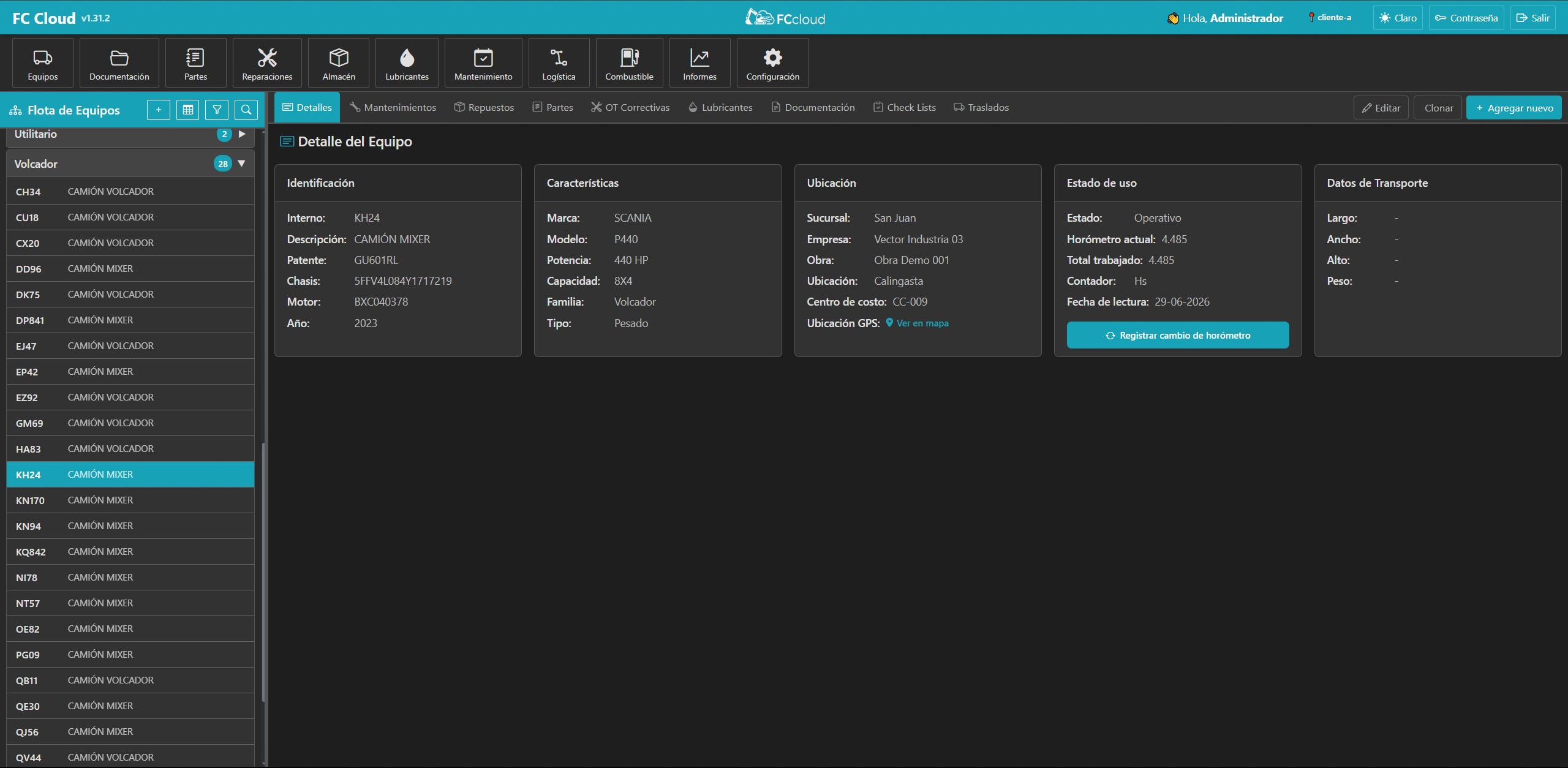 Ficha de equipo en FC Cloud con datos técnicos, ubicación y estado de uso