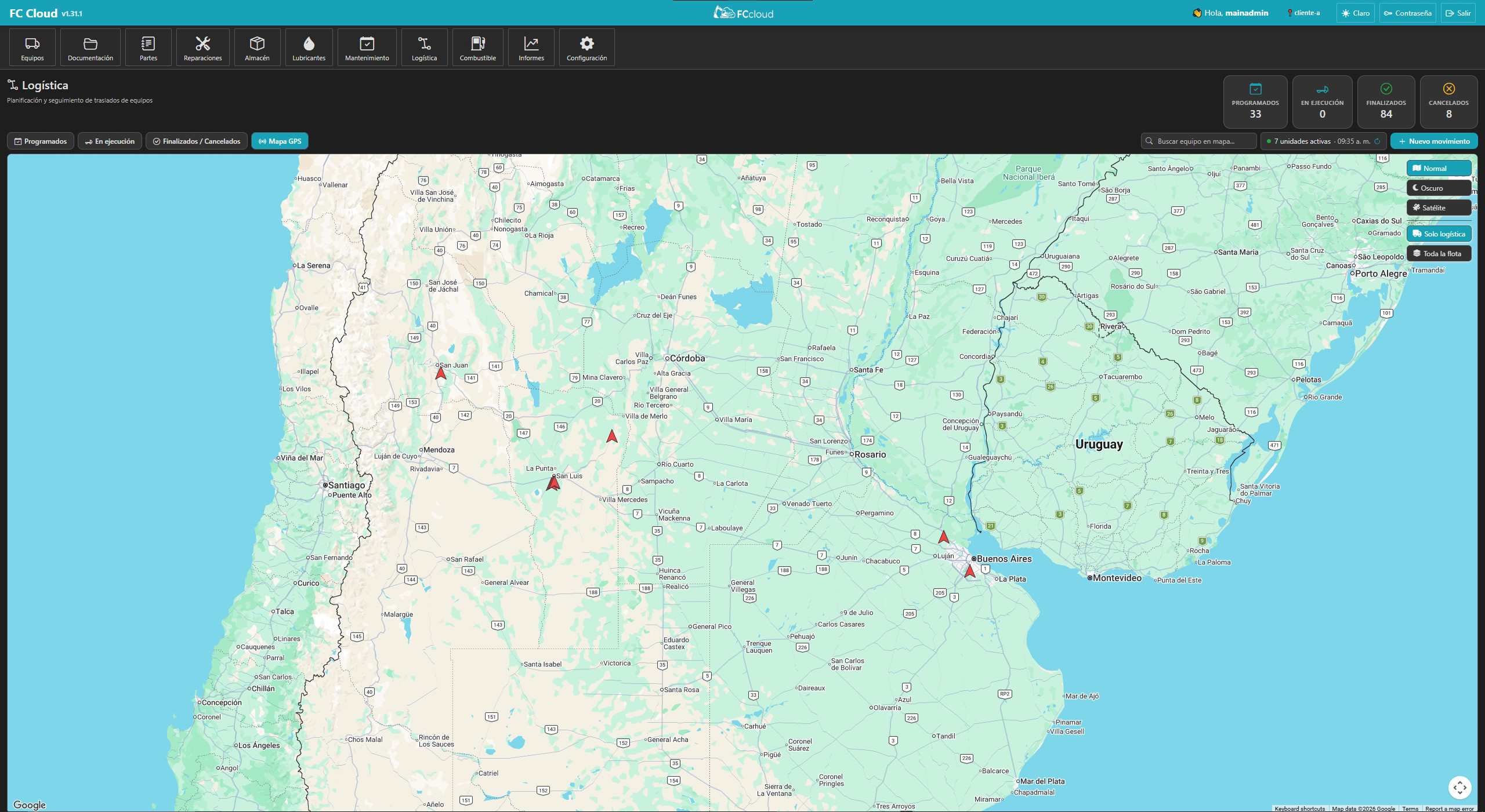 Mapa de logística en vivo: ubicación de las unidades activas sobre el mapa.